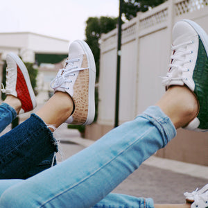 Tenis Miletto Piel Blanco Textura Croco Verde